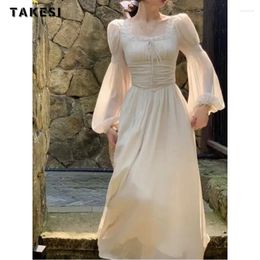 Casual Dresses 2024 Spring Fairy Sweet Style Lantern Sleeve Lace-up Midi Women Elegant Square Collar Slim Fit Thin Princess Dress