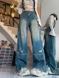 Women's Jeans Blue Ripped For Women High Waisted 2024 Fall Slit Leg Washed Wide Pants Vintage Streetwear Full Length Trousers