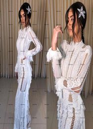 Long Sleeve Mermaid Wedding Dresses 2022 High Neck Crochet Cotton Lace Slim Outdoor Country Bohemian Trumpet Bridal Dress Wear2346475