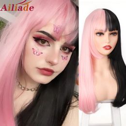 Wigs AILIADE Synthetic Hair Black and Pink Wig Long Straight Hair Cosplay Lolita Wig Two Tone Ombre Color Women Heat Resistant Wigs