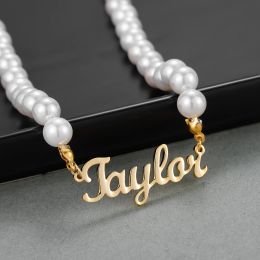 Necklaces Personalized Custom Name Freshwater Pearl Necklace, Gold Stainless Steel Pendant With Name For Girl Mother Luxury Jewelry Gift