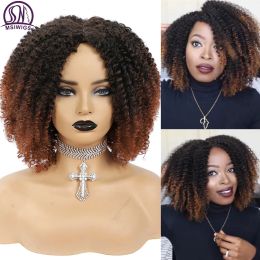 Wigs MSIWIGS Women's Short Afro Kinky Curly Wigs Ombre Brown Synthetic Middle Part Nature Hair Black Daily Party Headgear with Clips