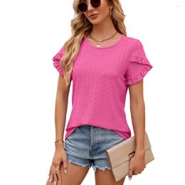 Women's T Shirts Elegant Flower Short Sleeve Women Tshirts Spring Summer Solid Round Neck Casual Office Tops Tees