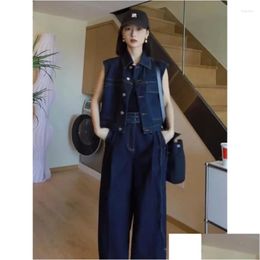 Womens Two Piece Pants Set 2023 Hong Kong Style Foreign Retro Age Reducing Slim Denim Vests Wide Leg Clothing Drop Delivery Apparel Se Dhsh6