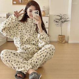 Home Clothing Fashion Leopard Coral Fleece Pajamas Women's Autumn And Winter Zipper Collar Sleepwear Thickened Warm Long Sleeve Clothes