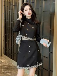 Work Dresses Trendy Y2K Ladies Elegant Luxury Black Sweet 2 Piece Outfit Women Clothes Cropped Tops Blouse Coat Mini Skirt Mujer Short Set