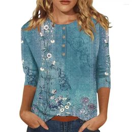 Women's Blouses Blusas Fall Top Flower Print Vintage Three Quarter Sleeve Buttons Decor Colorfast Soft Breathable Lady Shirts &