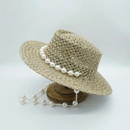 Berets 202404-shi Summer Natural Salt Grass Weaving Big Pearl Rope Lady Fedoras Cap Women Leisure Panama Jazz Hat