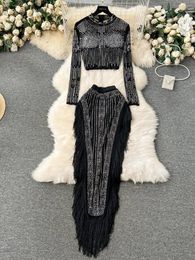 Work Dresses Spring Summer Black Sexy Diamonds Two Piece Set Elegant Stand Collar Zipper Short Blouse High Waist Tassel Long Skirt 2024