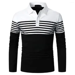 Men's Polos Casual Business Striped T Shirt For Men Long Sleeve Tees Tops Button Lapel Neck T-Shirts Pullover Clothing