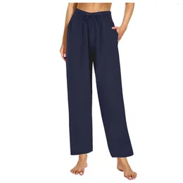 Women's Pants Solid Slim High Waist Wide Leg Pocket Pyjama Home Casual Straight Summer Drawstring Palazzo Trousers