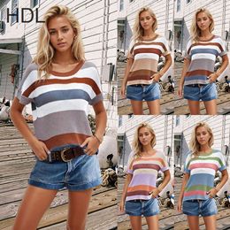 Temu Womens Rainbow Stripe Short Sleeve Knitwear Large Loose Top