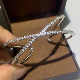 Bangles Simple Fashion Jewelry Handmade 925 Sterling Silver Pave White Clear 5A Cubic Zirconia Bridal Open Adjustable Bangle Gift