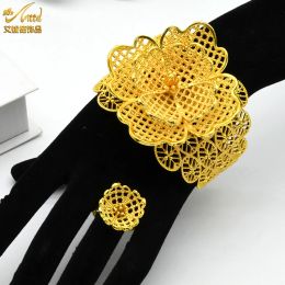 Bangles Luxury Cuff Bracelet For Women With Rings Gold Plated Dubai Ethiopian Bridal Wedding Flower Bangle Ring Jewellery Gifts