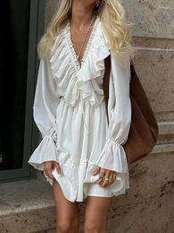 Casual Dresses Deep V-Neck Ruffles Patchwork Mini Dress Women Spring Summer Long Sleeve Elegant Party White Lace-Up Sweet Ladies