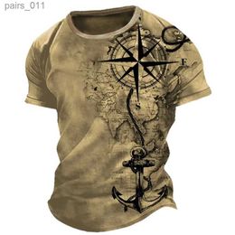 Men's Casual Shirts Vintage Mens T-shirt Summer American Shirt Tops Compass Printed Short-sleeve Tees Loose Daily Men Clothing Casual Streetwear 240402
