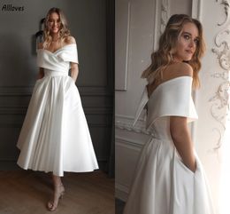 Light Ivory Simple A Line Short Wedding Dresses Sexy Off Shoulder Elegant Satin Bridal Gowns Tea Length Boho Garden Beach Bride Women Rereception Party Dress CL3445