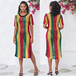 Summer Dress Women Bathing Suit Beach Cover Up For Vacation Outfits 2024 Knitted Vertical Stripe Smock Sexy Hollow Mid