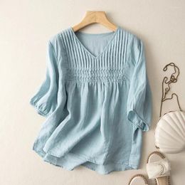 Women's Blouses YCMYUNYAN Shirts Summer 2024 Loose Short Sleeve Top V-neck Ladies Clothing Cotton Linen Solid Vintage