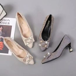 Pointed Toe Thick Heel High Heel Shoes Crystal Square Button Single Shoes Fashion Ladies Shallow Wedding 240322