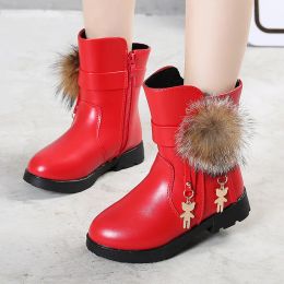 New Winter Girls Boots Real Fur Ball PU Leather Kids Snow Boots Warm Plush Sneakers Children Shoes