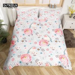 Bedding Sets Lovely Bird Duvet Cover Set King Size Spring Floral Butterfly Microfiber Watercolor Garden Flower Comforter