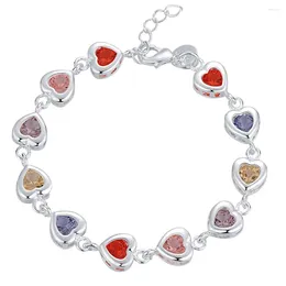 Link Bracelets Valentine's Gift Shiny Multicoloured Zircon Crystal Heart Shape 925 Sterling Silver Woman Girl Bracelet Jewellery