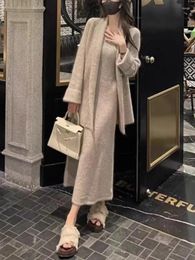 Work Dresses 2024 Winter Maillard Fashion Knit Two Piece Set Women Solid Korean Style Vintage Midi Sweater Dress Suit Female French Chic