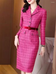 Casual Dresses Autumn/Winter Suit Collar Dress For Women 2024 High End Celebrity Style Slim Thick Tweed Wrapped Hip Office Lady Z4060