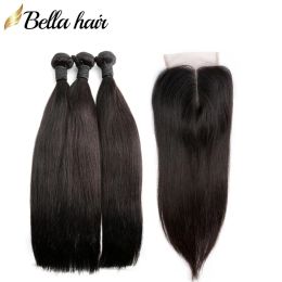 Wefts Brazilian Virgin Hair Closure Hair Bundles With Lace Closure Middle Part Silky Straight Natural Color 834 Inch Bellahair
