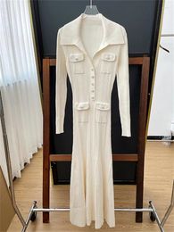 Casual Dresses Fashion Female Slim Long Sleeve Midi Robe With Pockets Women Turn-Down Collar High Stretch White Rib Knit Dress Winter