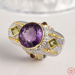 Cluster Rings S925 Sterling Silver For Women Men Fashion Natural Amethyst Geometry Exaggerates Personality Jewellery