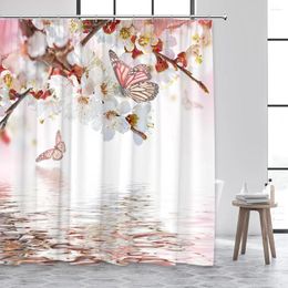 Shower Curtains Nature Butterfly Flowers Curtain White Pink Floral Plant Water Reflection Fabric Print Modern Bathroom Decor Set