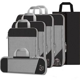 6PCS Compressed Packing Cubes Travel Storage Organiser Set With Shoe Bag Mesh Visual Luggage Portable Lightweight Suitcase Bag