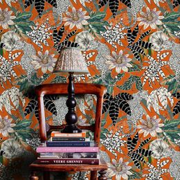 Wallpapers Orange Botanical Floral Wallpaper Peel And Stick Room Decor Black Flowers PVC Durable Home Cabinet Stickers