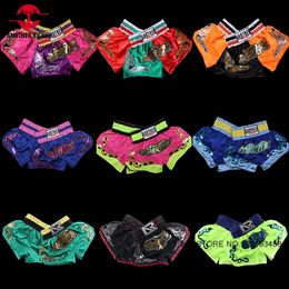 Muay Thai Shorts Embroidered Boxing Training Competition Mens Kids Boy Girl Kickboxing Grappling Cage Fight Wear 240318