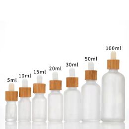 wholesale Frosted White Glass Dropper Bottle 10ml 15ml 20ml 30ml 50ml With Bamboo Cap 1oz Wooden Essential Oil Bottles LL
