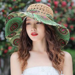 Wide Brim Hats Bucket Hats Summer Womens Big Swallow Sunscreen and Suntanned Fishing Hat Ethnic Style Straw Hat UV Protection Beach Hat L240402