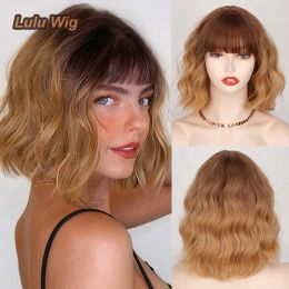 Wigs Ombre Blonde Wavy Wig with Bangs Women's Shoulder Length Bob Wig Brown to Blonde Short Curly Wavy Synthetic Cosplay Wig for Girl