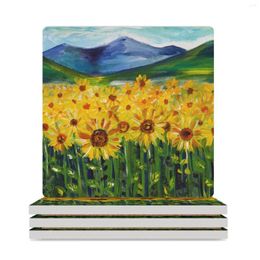 Table Mats Sunflower Field Ceramic Coasters (Square) Cute Set For Ceramics Animal