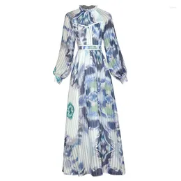 Casual Dresses 2024 Fashion Designer Autumn Midi Women's Lantern Sleeve Tie-dye Stripe Printed Elegant Vacation Dress