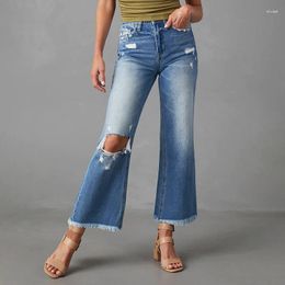 Women's Jeans Street Water Washes Holes In High-stretch Bell Bottoms Ladies