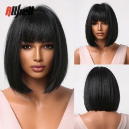 Wigs Natural Synthetic Short Black Bob Wigs With Bangs Hair Wigs for Women Afro Heat Resistant Fiber Female Hair Cosplay Daily Use