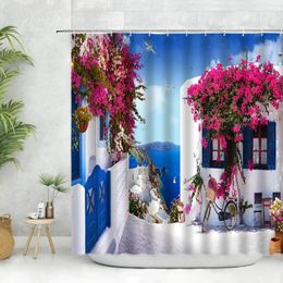 Shower Curtains Greece Street View Curtain Retro Town Blue Wooden Door Window Flower Plant Landscape Wall Decor Bathroom Hanging