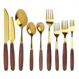 Flatware Sets 9 Pieces Stainless Steel Beech Wood Handle Steak Knife Fork Spoon Fruit Dessert Kitchen Cutlery Tableware Dinner Tools