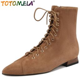 Boots TOTOMELA 2023 New Narrow Band Kid Suede Leather Ankle Boots Simple Female Zipper Spring Boots Square Low Heels Women Shoes