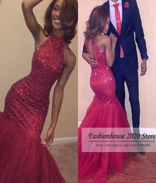 2020 Sparkly Red Mermaid African Prom Dresses High Neck Beading Crystal Tulle Sexy Backless Formal Evening Dress Pageant Gowns Cus3684279