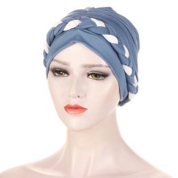 Double Color Arab Wrap Muslim Turban Bonnet Braid Hat for Women Pleated Beanie Headwrap Hair Accessories