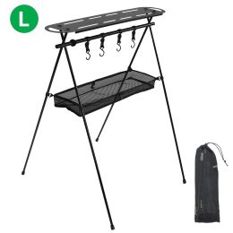 Tools Collapsible Camping Hanging Rack Shelf Portable Cookware Hanger Stand Rack Storage Organiser with Top Plate Hooks for Hiking BBQ