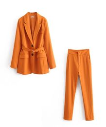 Women039s suit pants set high quality 2019 new autumn slim waistband yellow ladies small suit jacket Casual trousers set of two6298685